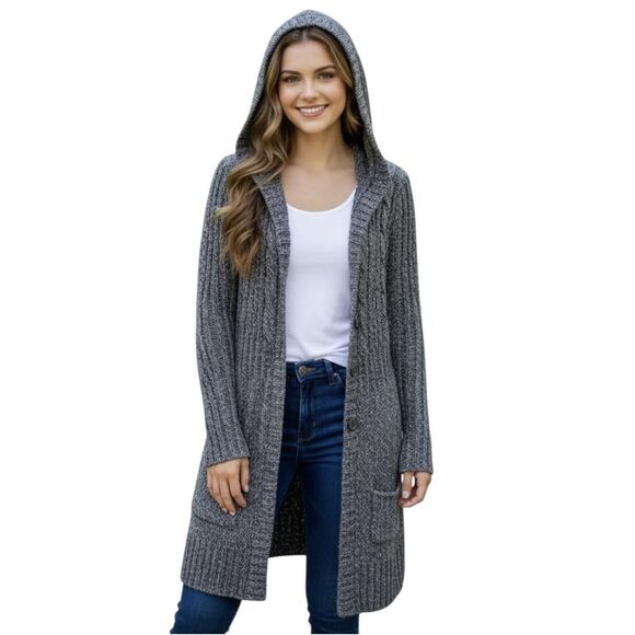 It's Our Time Sweater Womens Medium Gray Hooded Cable Knit Cardigan Button Front - Picture 1 of 12